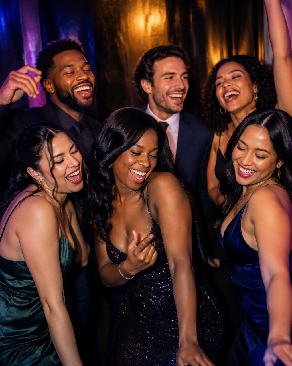 Friends laughing together in a photo booth at a lively celebration