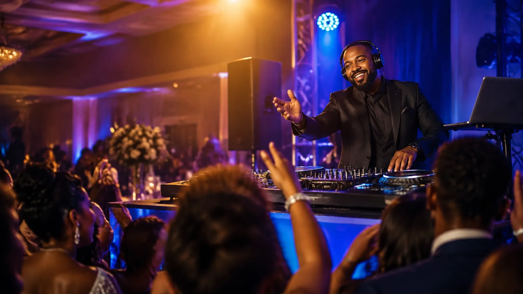 Professional DJ mixing music while guests dance under colorful event lights